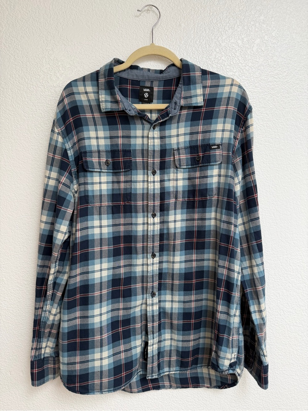 Vans Men’s Plaid Flannel Shirt Blue Navy Classic Fit Large